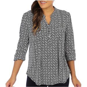 Juniper + Lime Womens Abstract Adjustable Sleeve Blue White Blouse button‎ down